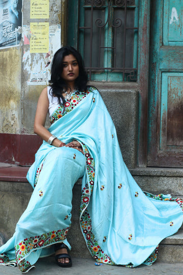 Sea Blue Hand Embroidered Silk Saree